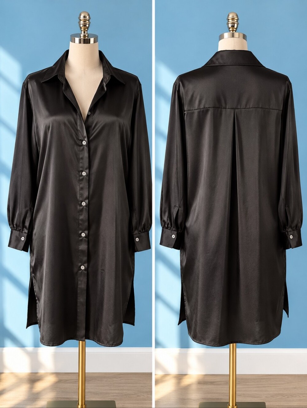 🖤 JON & ANNA Contemporary Black Satin Oversized Shirt Dress – Size XL